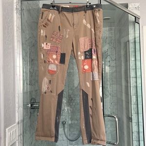 Anthropologie kackis with patches and paint splatter (that is the style).